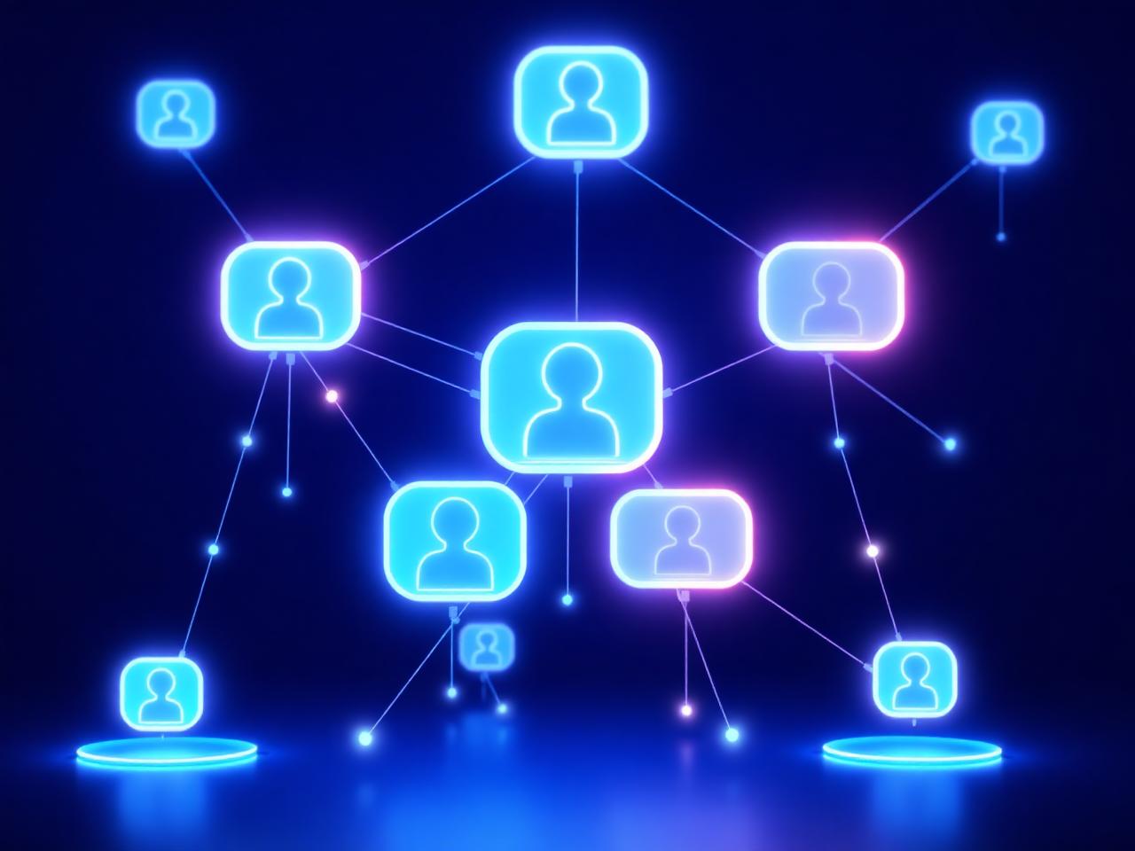 Network of glowing AI agent nodes connected by data streams