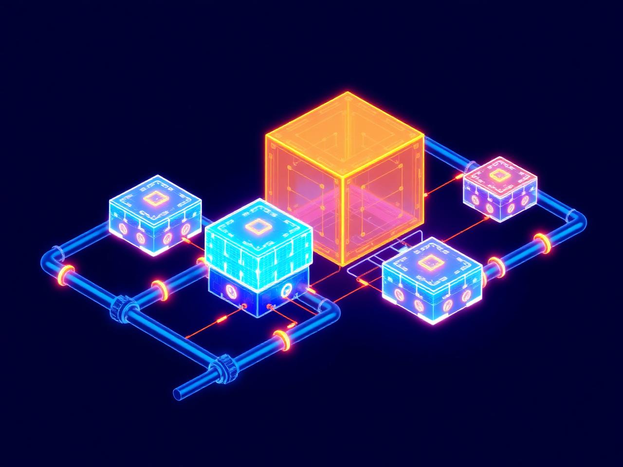 Interlocking glowing modular system blocks joined by pipelines