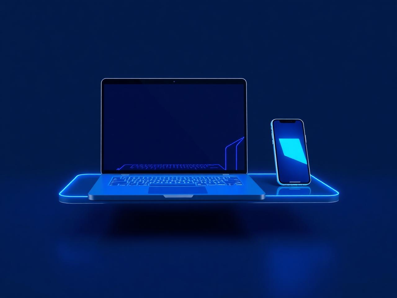 Glowing laptop and smartphone app interfaces on a dark backdrop